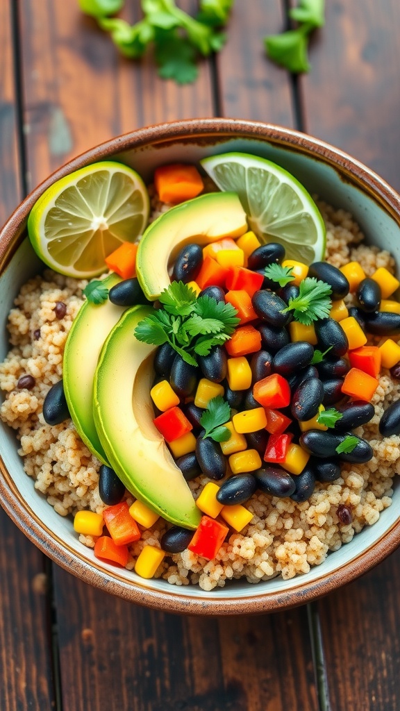 A colorful bowl of black bean and quinoa with vegetables and avocado, garnished with cilantro and lime on a wooden table.